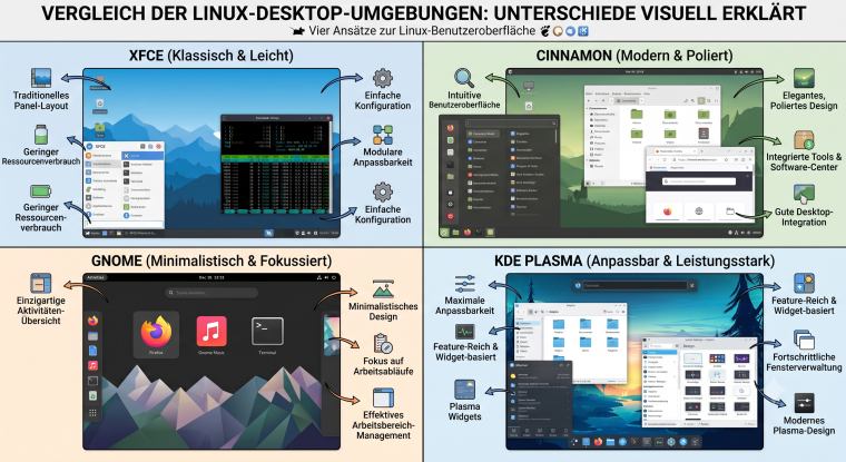 Oben: GNOME und KDE Plasma. Unten: Cinnamon und XFCE